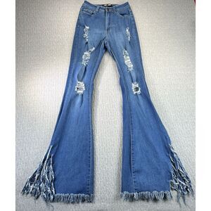 JC &‎ JQ Farrah disco bellbottoms Women's pants (S) distressed denim blue jeans